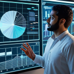 **
    A visionary data analyst, a modern professional with an Arab-inspired subtle aesthetic, interacting with a glowing holographic interface displaying dynamic, predictive data visualizations and complex AI models. Futuristic office environment reflecting innovation and strategic insights. Emphasis on human-AI collaboration, with a blend of technological sophistication and intuitive understanding. Bright, forward-looking lighting. High-resolution, digital art.

2.  **Prompt for