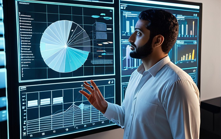**
    A visionary data analyst, a modern professional with an Arab-inspired subtle aesthetic, interacting with a glowing holographic interface displaying dynamic, predictive data visualizations and complex AI models. Futuristic office environment reflecting innovation and strategic insights. Emphasis on human-AI collaboration, with a blend of technological sophistication and intuitive understanding. Bright, forward-looking lighting. High-resolution, digital art.

2.  **Prompt for