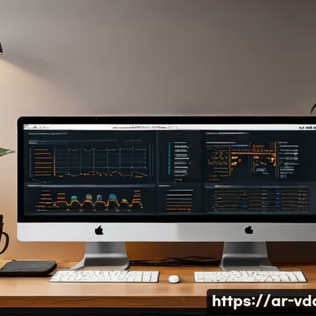 빅데이터 실기시험 대비를 위한 실습 환경 구성 - A modern office workspace designed for big data analysis training, featuring multiple large monitors...