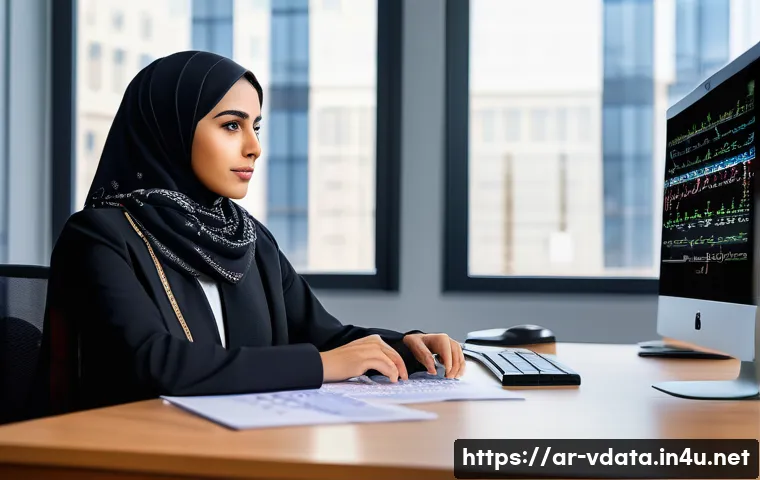 빅데이터 분석가로 전환을 위한 현실적인 조언 - A professional Middle Eastern data analyst in a modern office setting, wearing business casual attir...