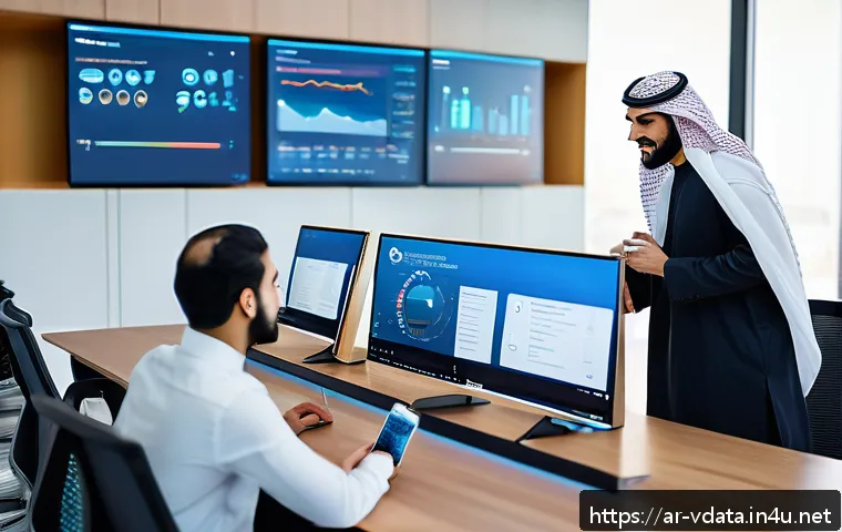 빅데이터 분석에서의 비정형 데이터 처리 사례 - A modern Middle Eastern technology office scene featuring diverse Arab professionals analyzing large...