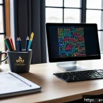 빅데이터 분석가 프리랜서로 일하는 법 - A professional Arab freelance data analyst working at a modern home office, focused on coding in Pyt...