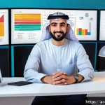 빅데이터 분석가의 하루 업무 루틴 - A modern Middle Eastern data analyst workspace featuring a professional Arabic man in business casua...