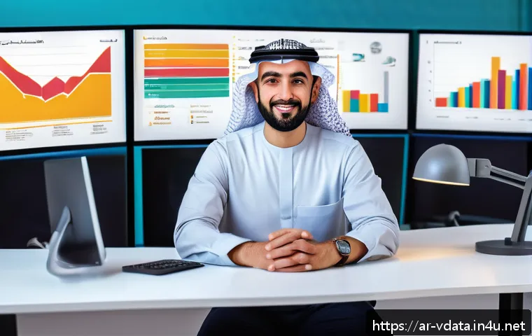 빅데이터 분석가의 하루 업무 루틴 - A modern Middle Eastern data analyst workspace featuring a professional Arabic man in business casua...