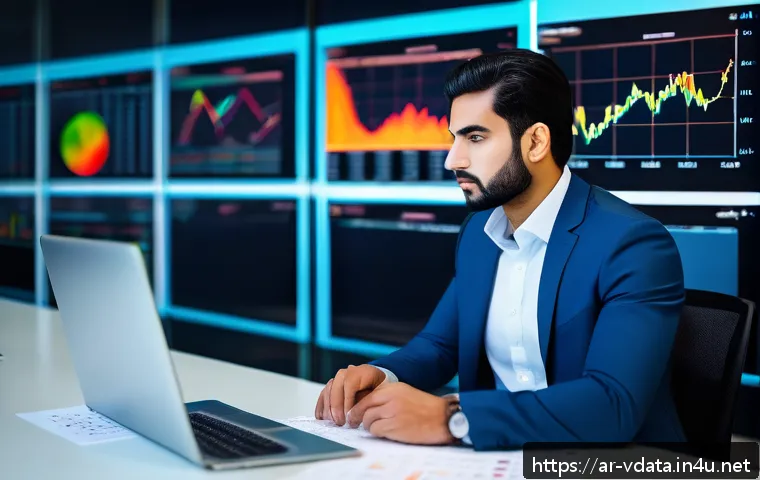 빅데이터 분석가가 갖추어야 할 분석 마인드셋 - A professional Middle Eastern data analyst in modern office attire thoughtfully examining multiple d...