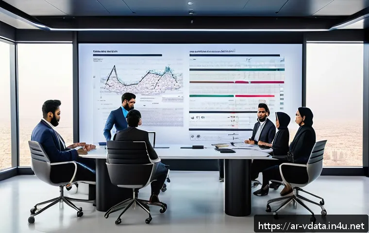빅데이터 분석 프로젝트의 ROI 계산 방법 - A professional Middle Eastern data analytics team in a modern office setting, focused on a large dig...