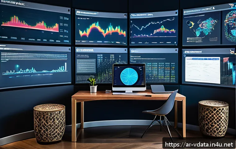 빅데이터 프로젝트의 데이터 수집 기법 - A modern Middle Eastern data analyst workspace, featuring a large curved monitor displaying colorful...